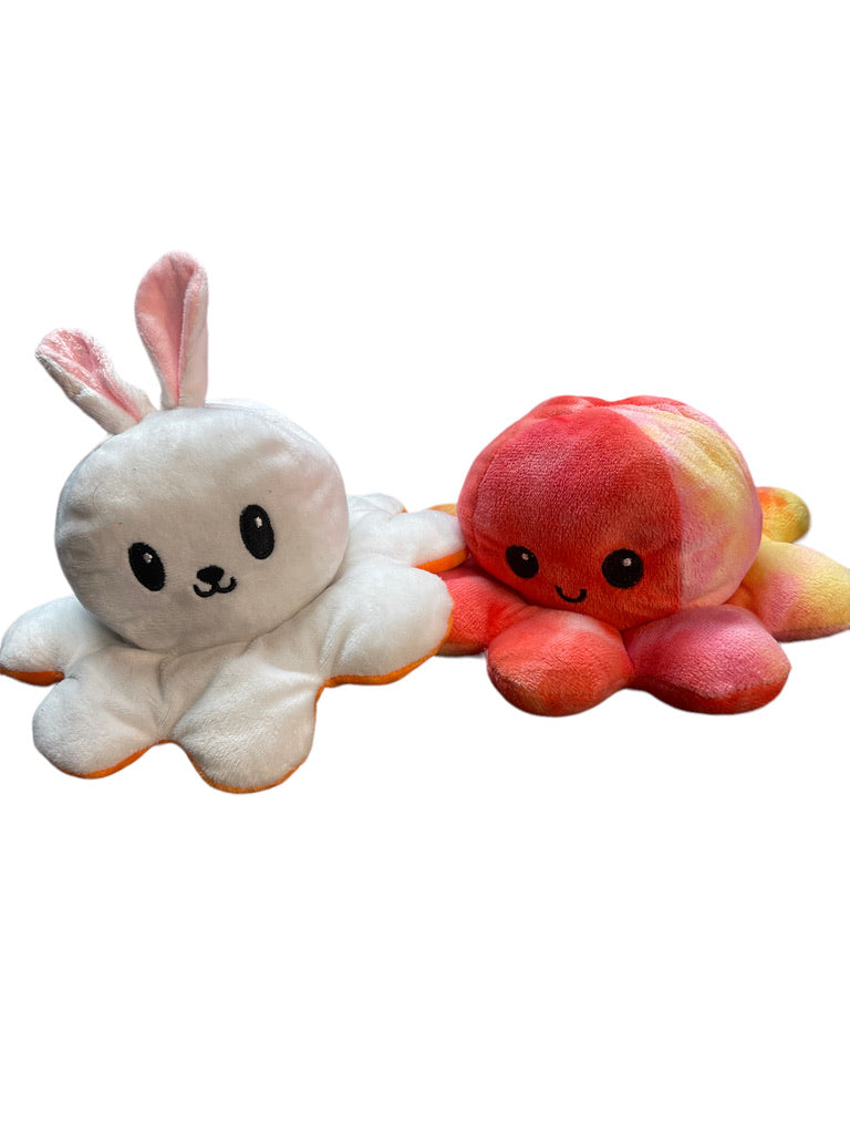 Set of 2 Reversible Plush, Octopus Tie Dye & Happy Carrot & Easter Bunny in EUC