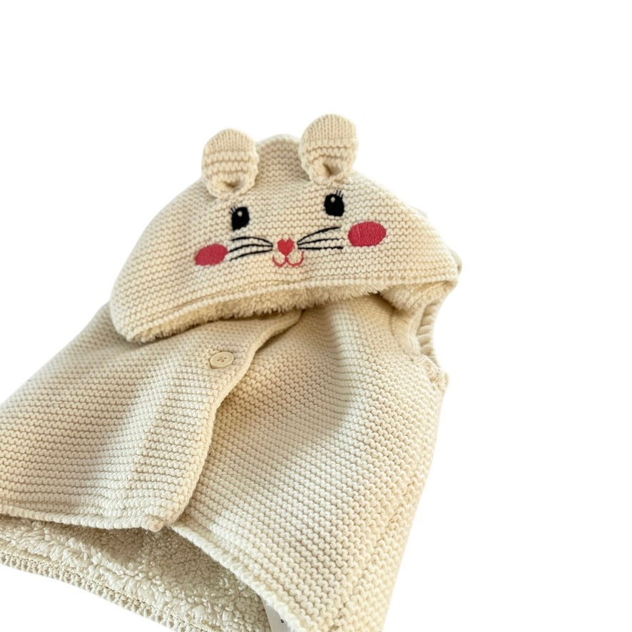 Waikiki Button Front Ecru Knit Vest with Fleece Lining & Sweet Embroidered Kitten Face 9-12 m