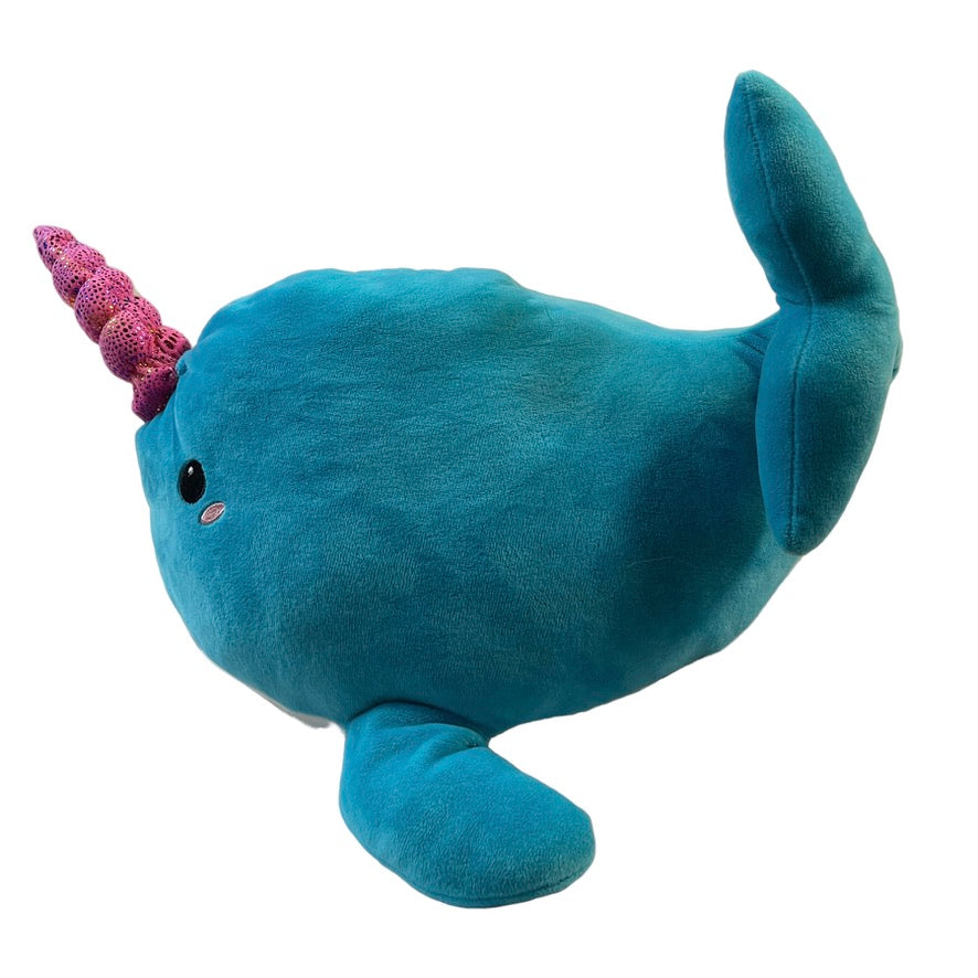 Stuffed Turquoise Narwhal Pillow Plush Toy with Pink Sparkle Tusk 15"