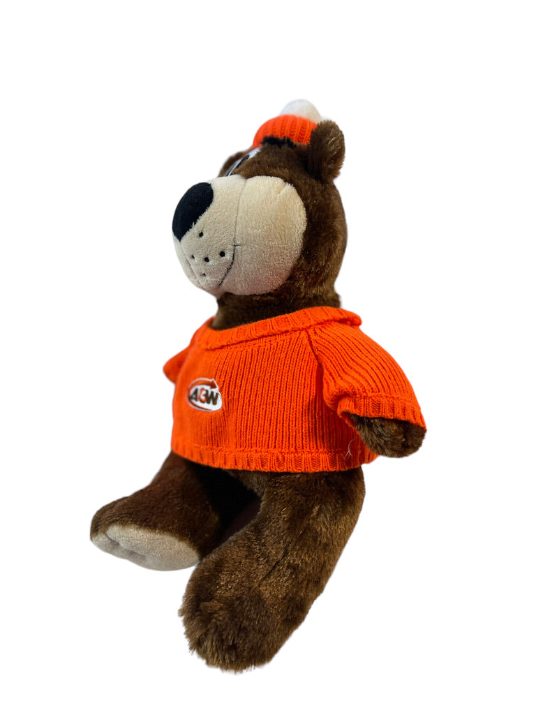 A&W Logo Root Bear Mascot Vintage 17" Stuffed Animal Plush Orange Sweater & Bobble Hat.