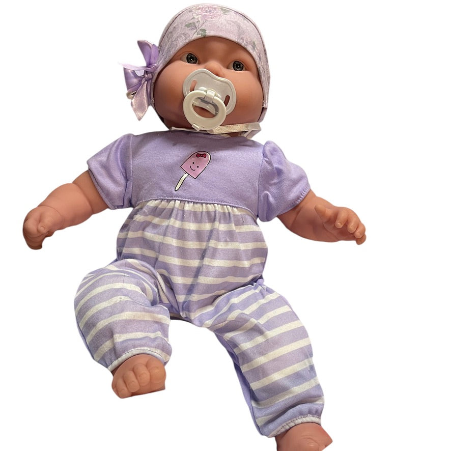 JC Toys La Newborn Real Baby Doll 18", Soother, Handmade Hat, Lavender Romper & Blanket