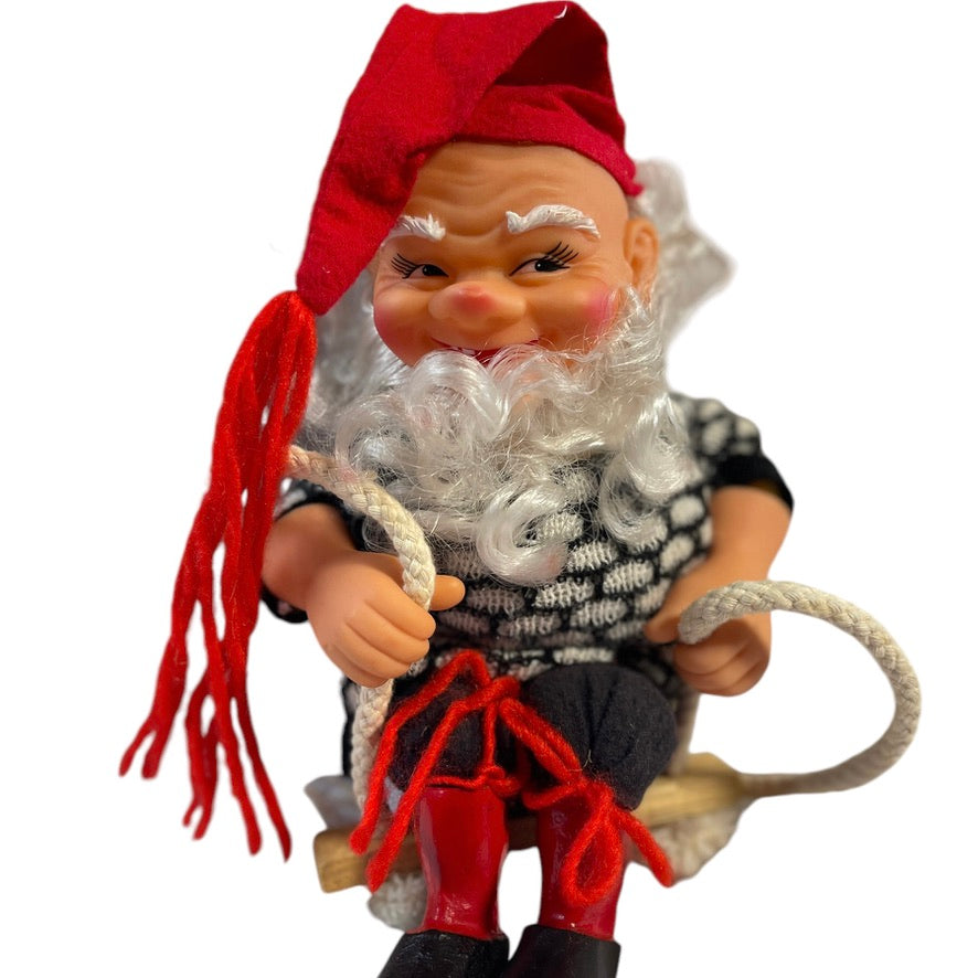 Rubber Faced Vintage Swedish Christmas Elf on a Swing, Flowing White Beard, Gap Toothed Grin