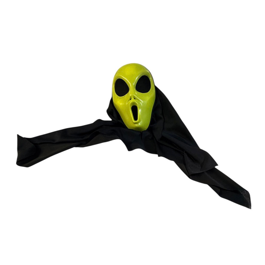 Scream Mask, Sickly Green with Mesh Eyeholes, Classic Mouth & Black Chiffon Scarf in EUC