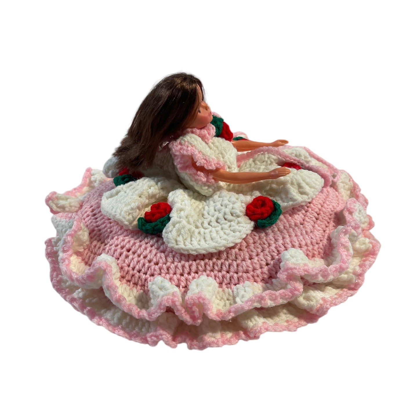 Vintage Crochet Bed Sitter Doll, Pink & White Dress. Embellished with Red Roses & Green Leaves