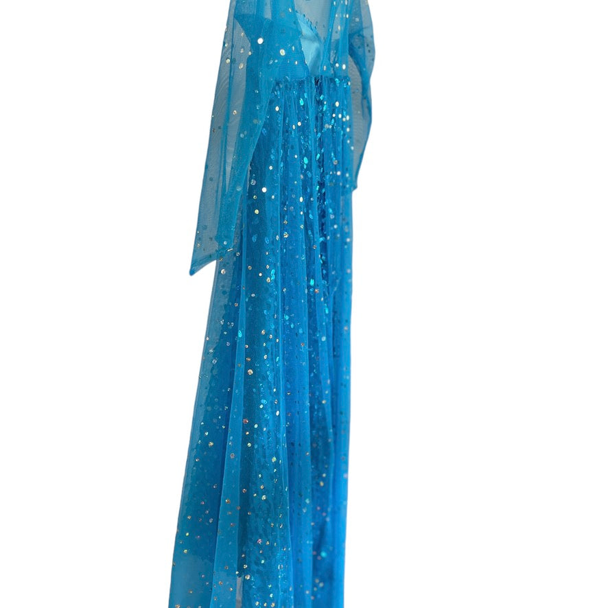 Frozen Turquoise Sequinned Elsa Fancy Dress with Sparkly Mesh Sleeves and Train EUC