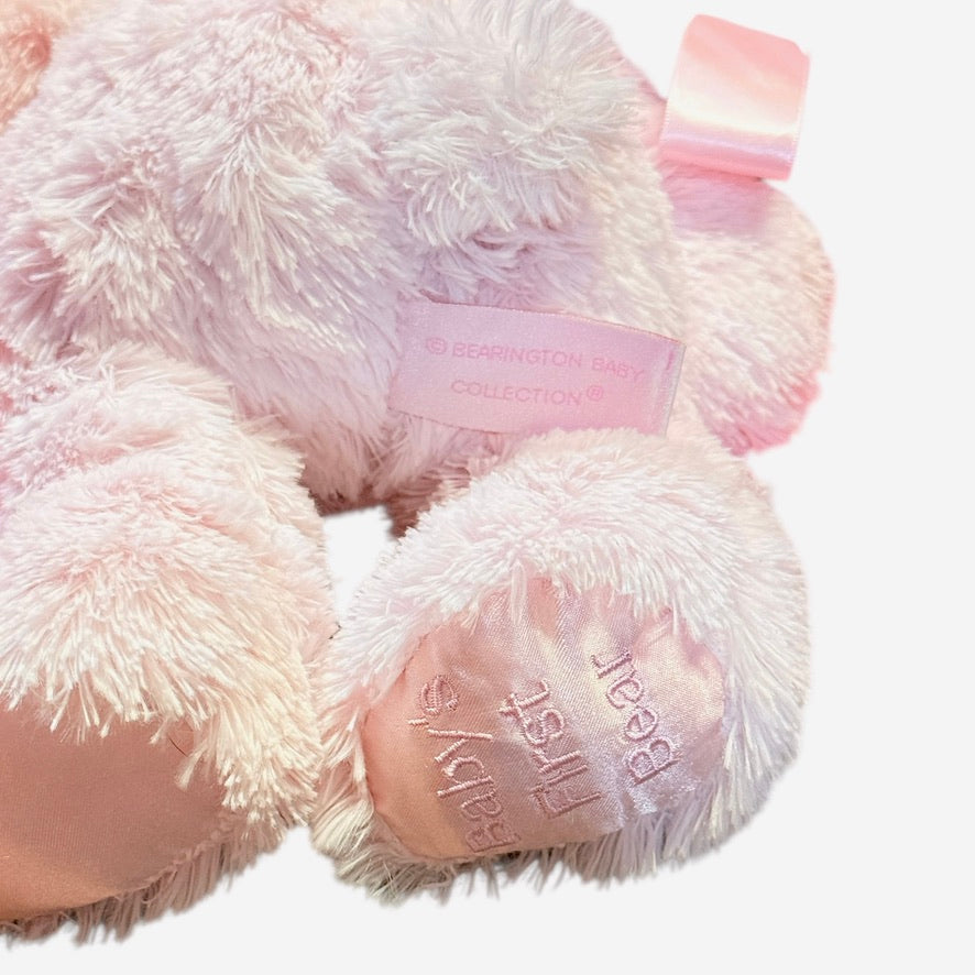 Bearington Baby's First Bear & Ribbon Tag Lovey, Shaggy Pink, Satin Accents, Stitched Features,