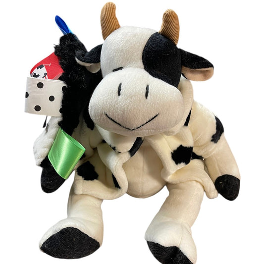 Russ Berrie Cream & Black 'Mooella' Plush  Cow, Fancy Jacket, Stitched Face & Lovey Tag