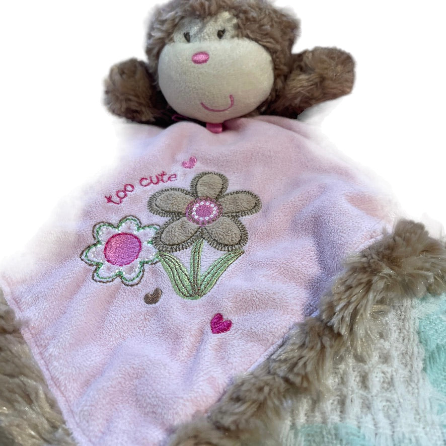 Monkey Lovey Security Blanket Rattle, Baby Starters, 'too cute', Embroidery,  Pink Minky, Satin Backing