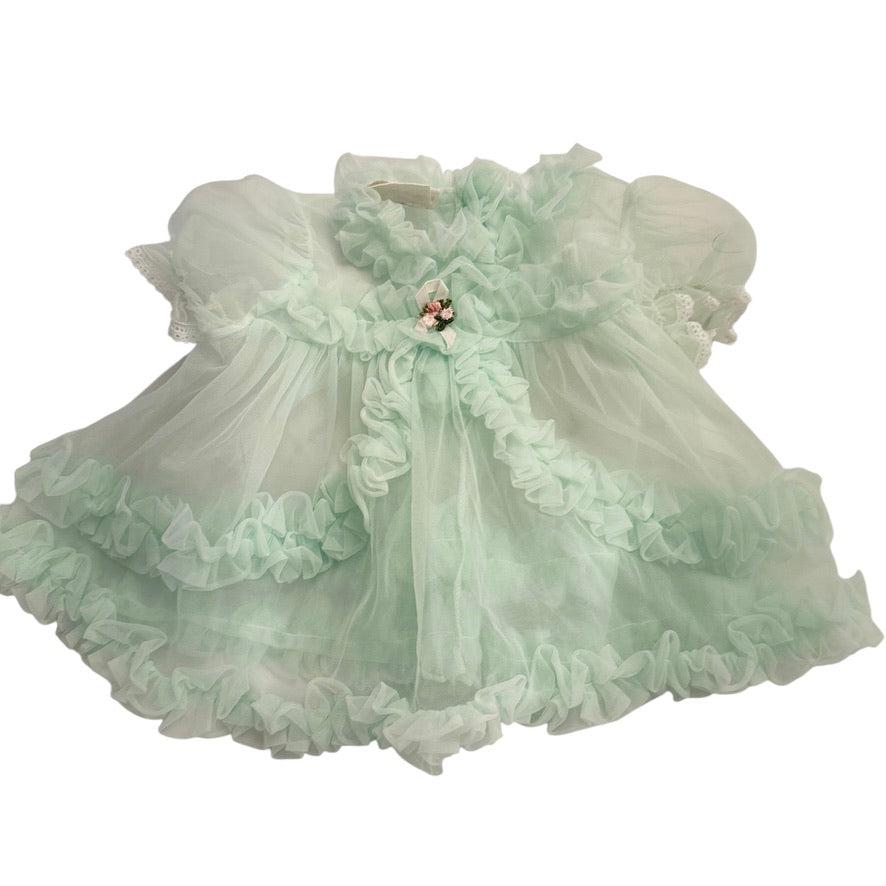 Canadian Made Vintage Sheer Mint Baby Dress with Cascading Ruffles & Rose Applique