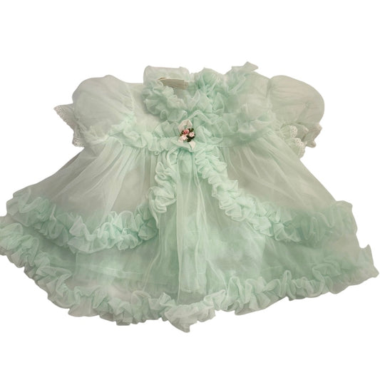 Canadian Made Vintage Sheer Mint Baby Dress with Cascading Ruffles & Rose Applique