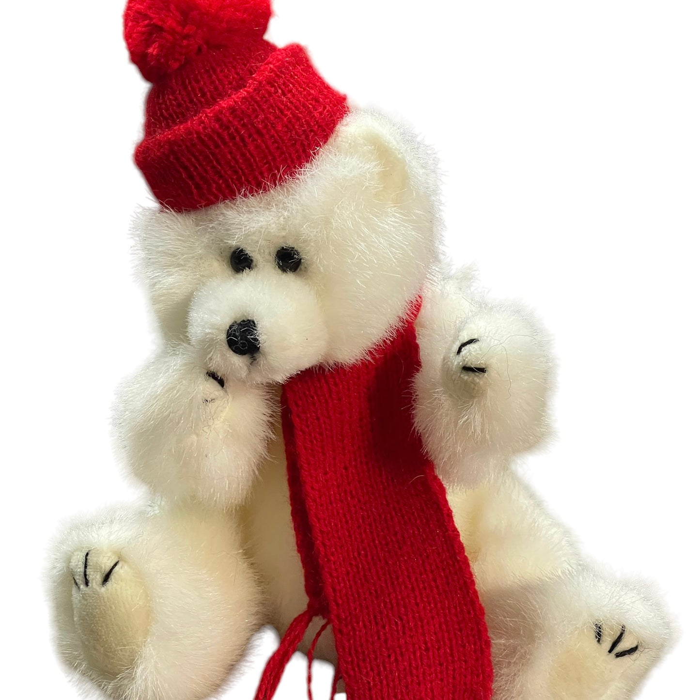 Ty Peppermint Bear, 1993 White Plush Polar Bear, Red Knit PomPom Hat &  Long Red Scarf, Retired