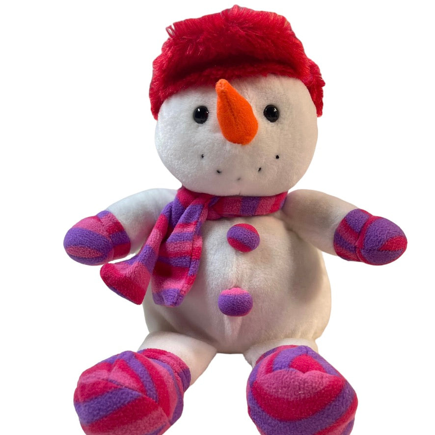 Stuffed 14" Snowman Plush Pink/ Purple Striped Clothes and a  Carrot Nose!