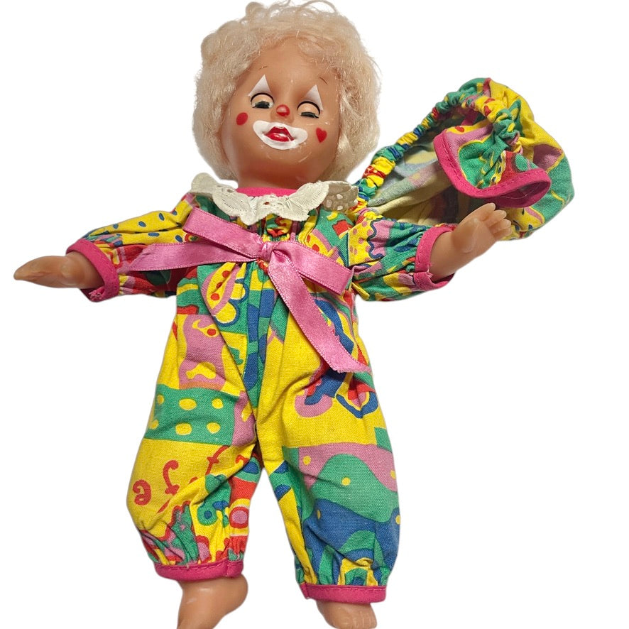 Tiny TurkishClown Faced  Doll In Bright Printed Romper & Matching Cap,  9" in GUC