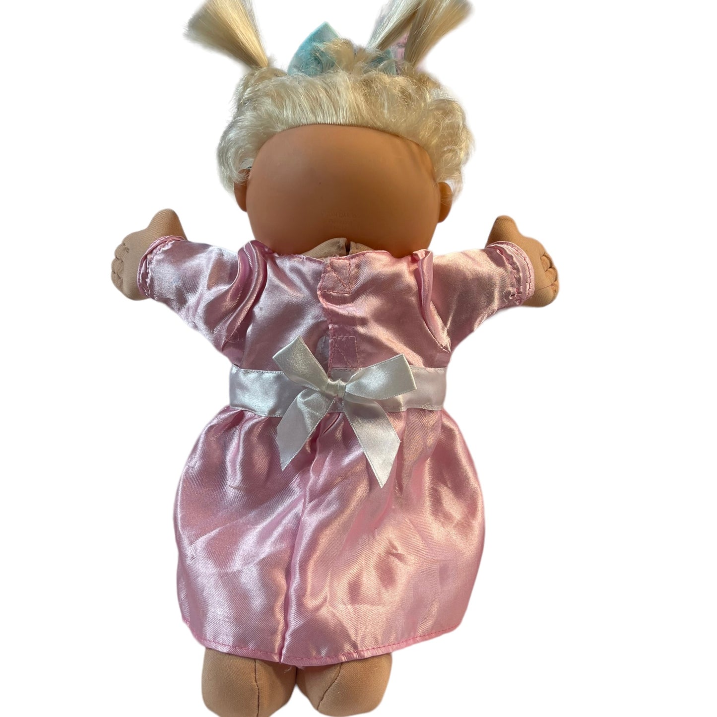 Sweet Cabbage Patch Doll, Blond, Blue Eyes, Tiny Teeth + a Dimple in her Chin! Pink Satin Dress