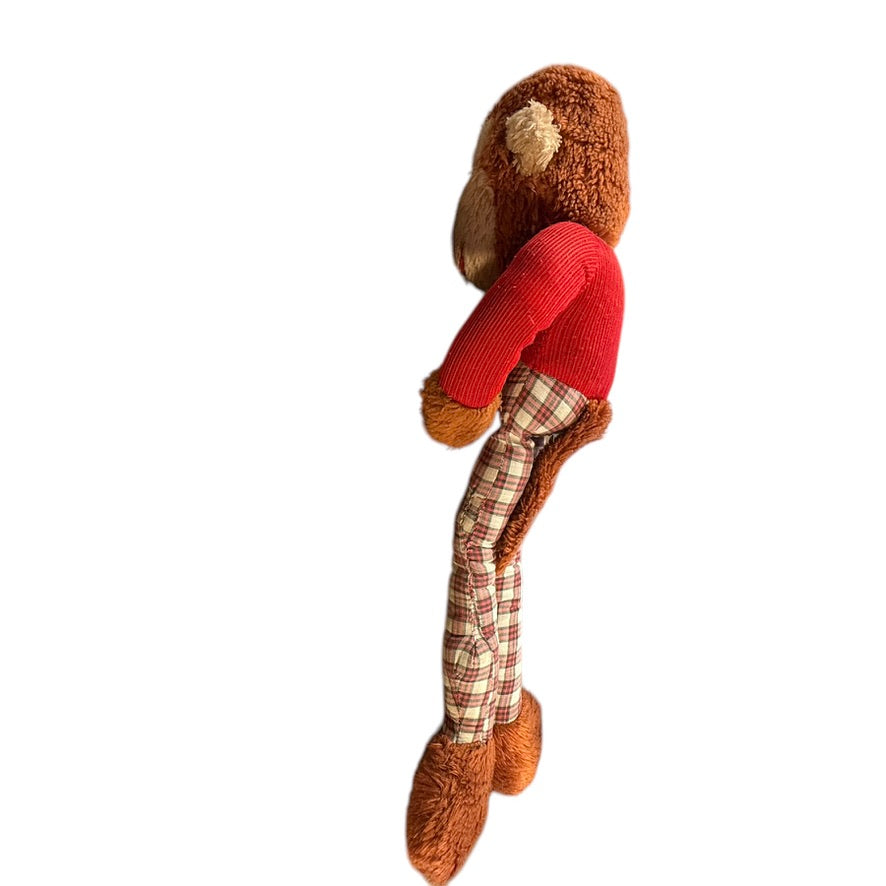 Charming Long-Legged Vintage Monkey Plush Knee Huggar with Tartan Coveralls Fair