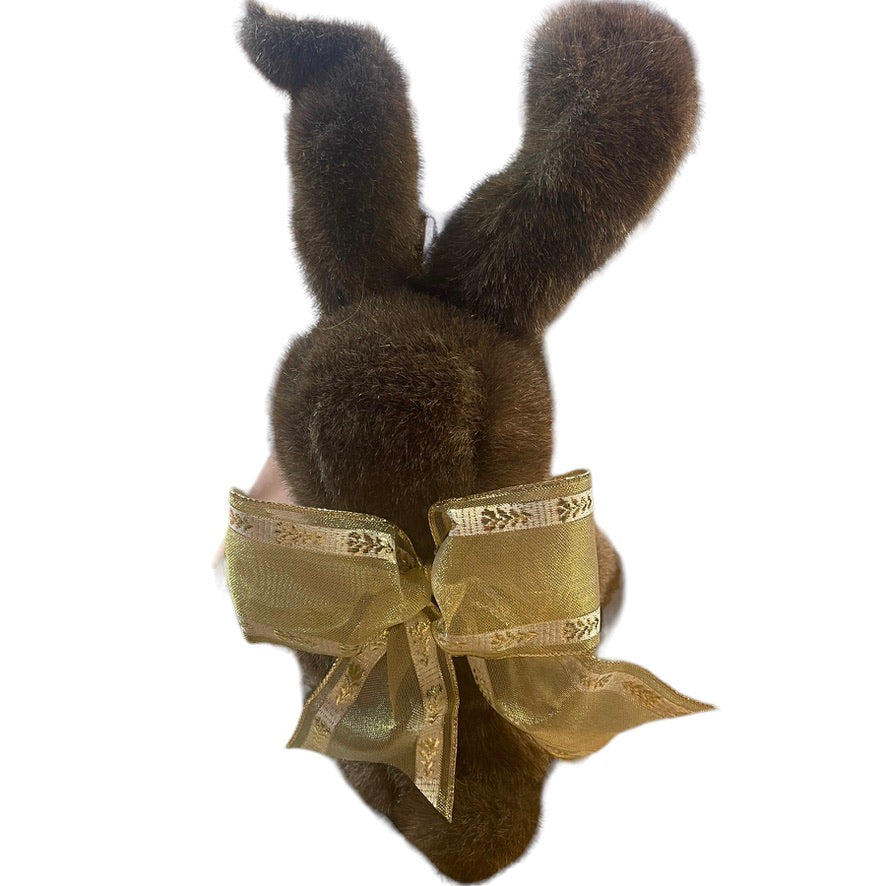 Chocolate Brown 18" Stuffed Plush Bunny Rabbit, Jointed Legs, Gold ribbon