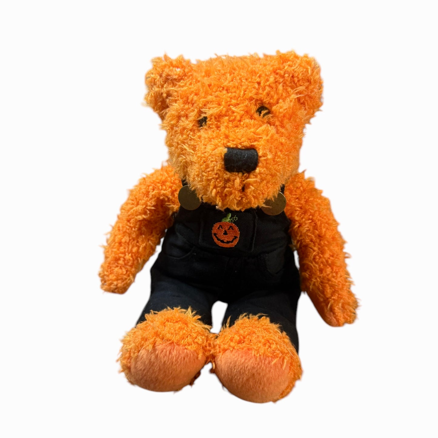 Hallmark Halloween Bean Bear Shaggy Orange Plush Teddy Bear Black Coveralls with Pumpkin Applique