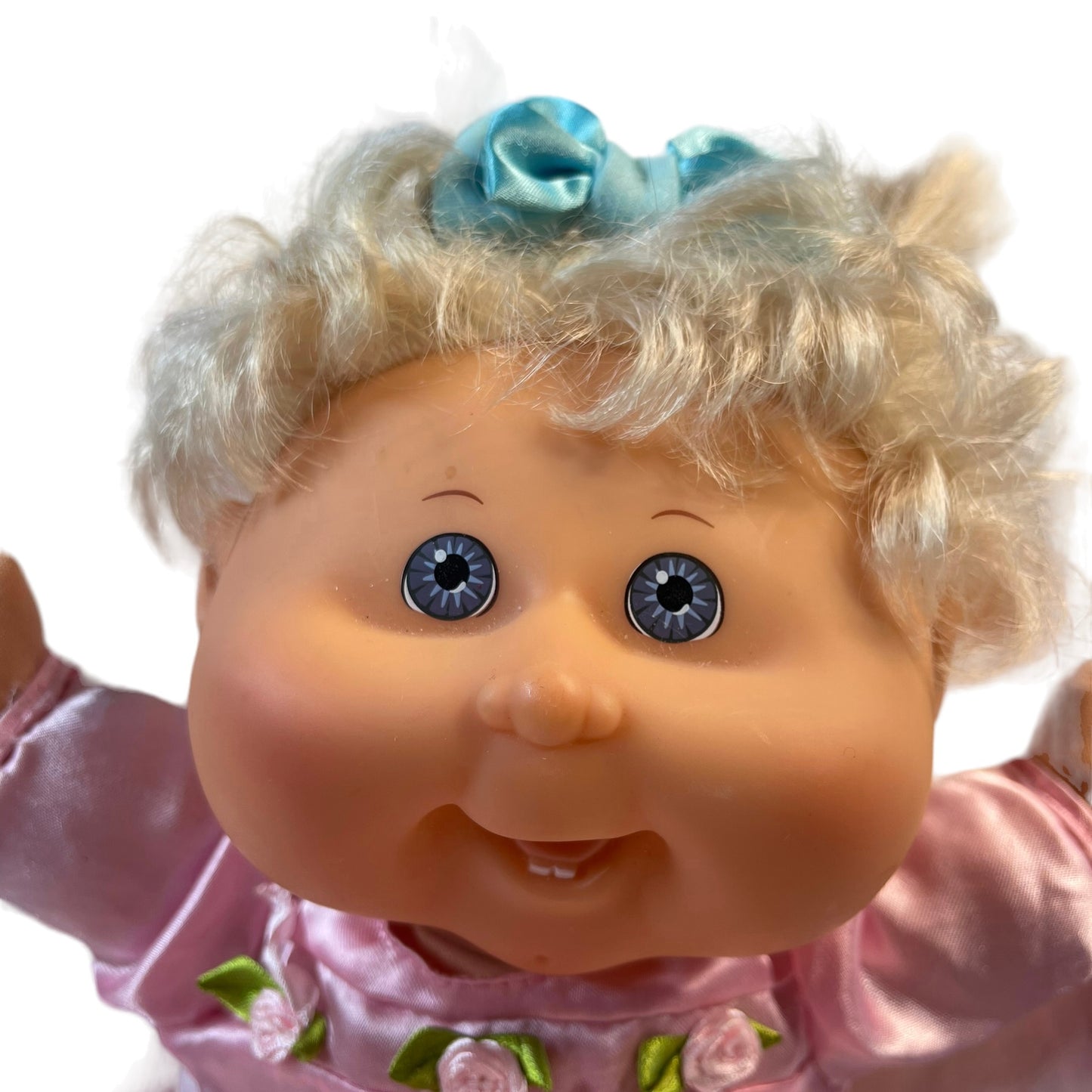 Sweet Cabbage Patch Doll, Blond, Blue Eyes, Tiny Teeth + a Dimple in her Chin! Pink Satin Dress