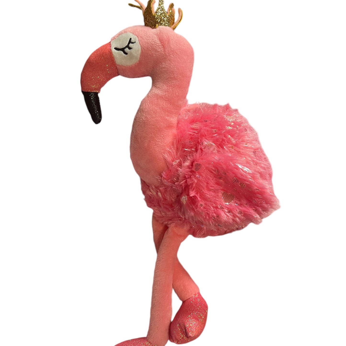 Pink Flamingo, Fluffy,Shiny and Very Sparkly!, Gold Crown, Embroidered Closed Eyes, Long Legs!