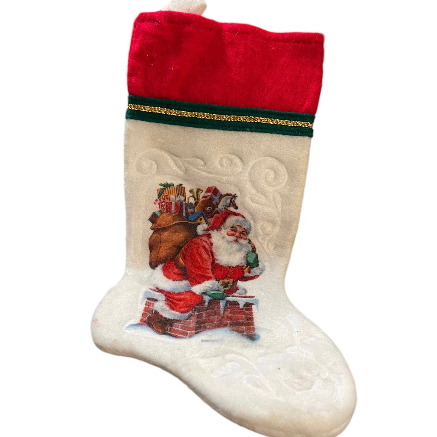 Vintage Print Christmas Stocking, 'Santa Going Down the Chimney' Felt 15" Tall, 8" Foot in EUC