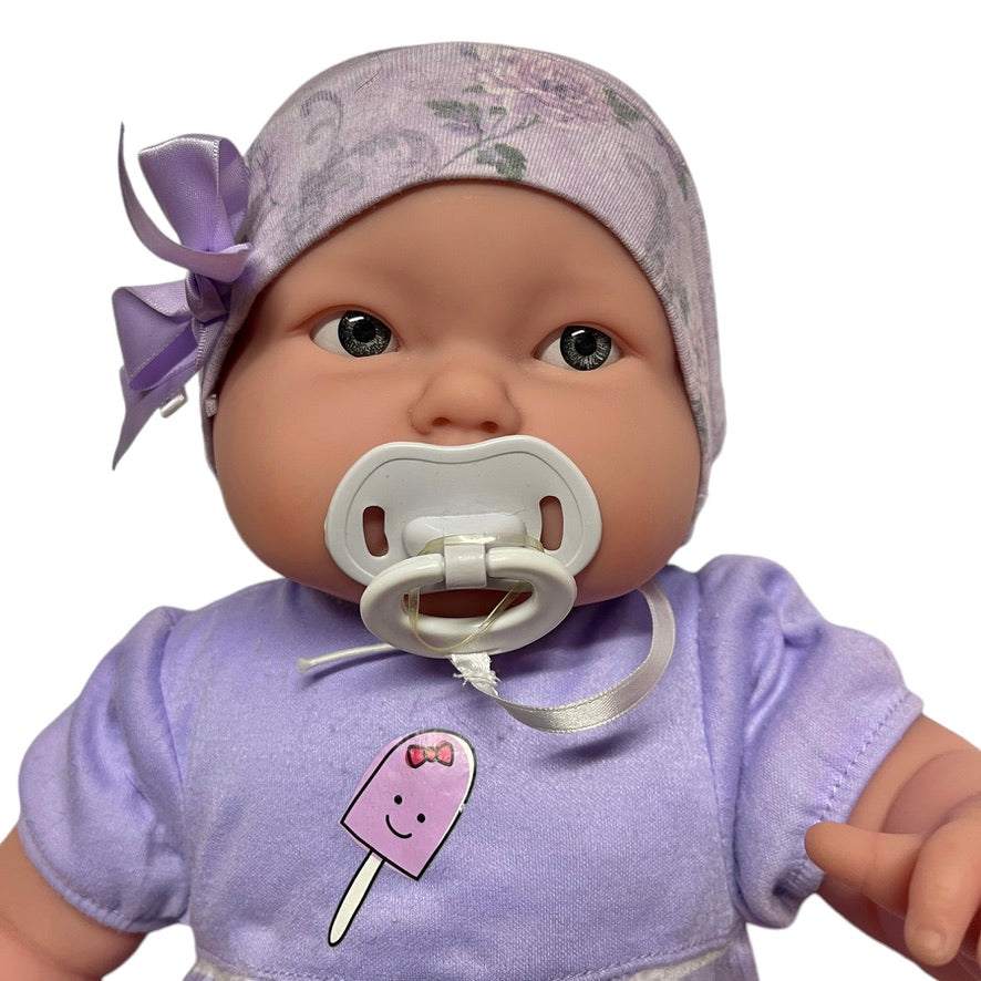 JC Toys La Newborn Real Baby Doll 18", Soother, Handmade Hat, Lavender Romper & Blanket