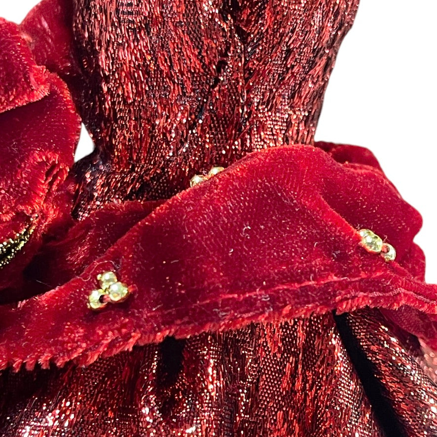 Glamorous Holiday Barbie, Red Shimmer Dress, Velvet Bow with GoldSnowflake Appliques EUC