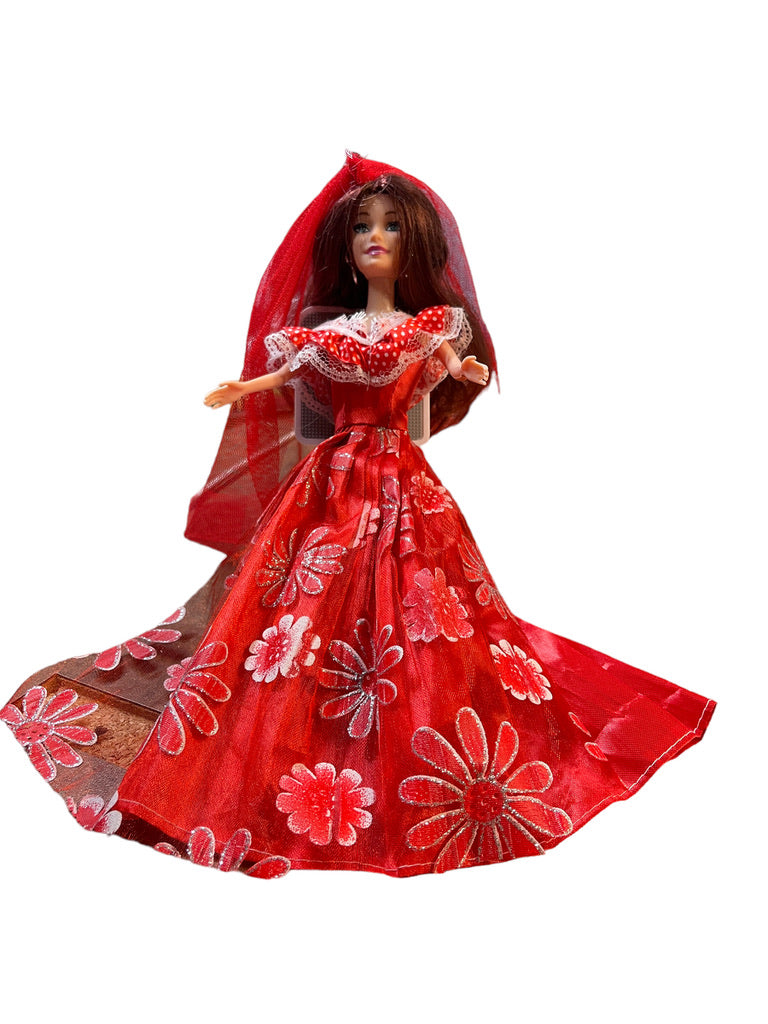 Beautiful Brunette Fashion Doll in Red Floral Sparkle Dress,Tulle Veil &Hoop Earrings