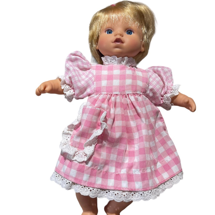 Blond Blue Eyed Baby Doll, Vinyl  with Cloth Body Sweetly  Dressed  in Pink Gingham