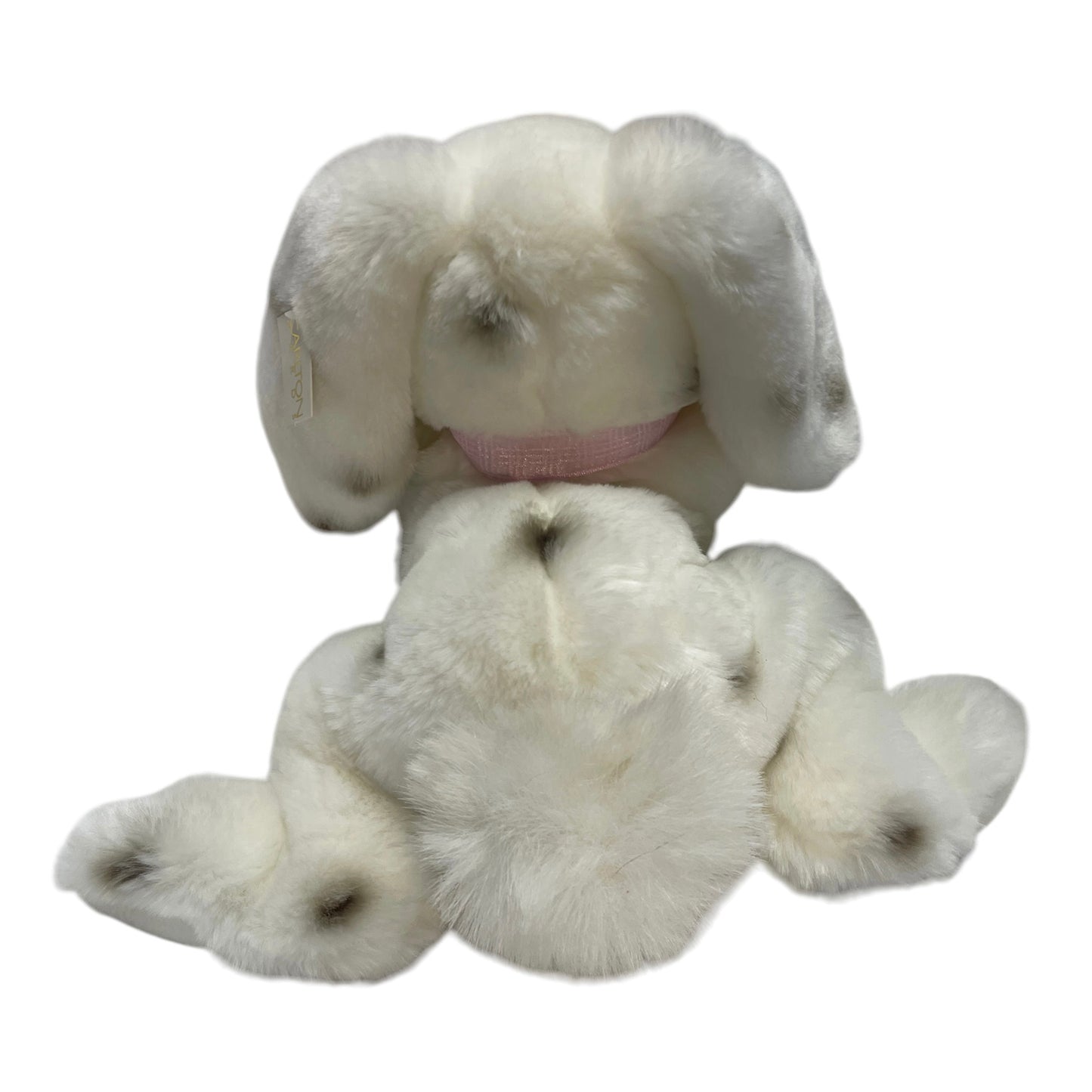 Ultra Soft White Plush Lop Eared Bunny, Black Spots, Weighted Bean Bottom. Pink Satin Nose