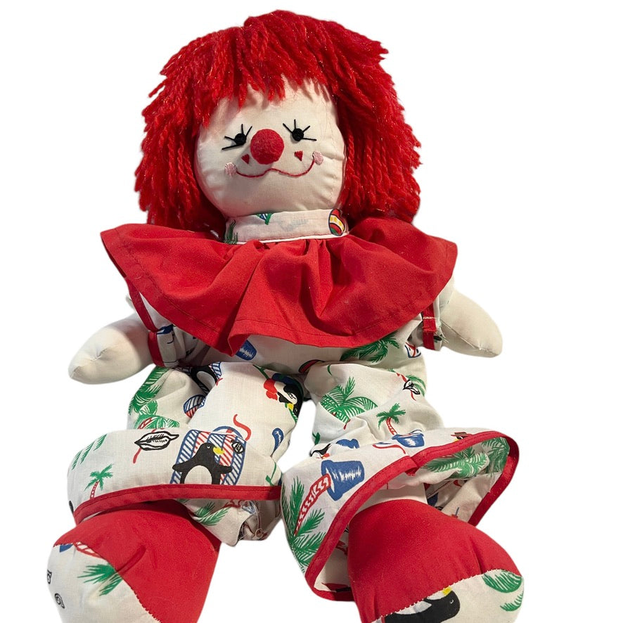 Vintage Clown, Red Yarn Hair & Detailed Embroidered Face, Print Suit with Red Ruffle 17" GUC