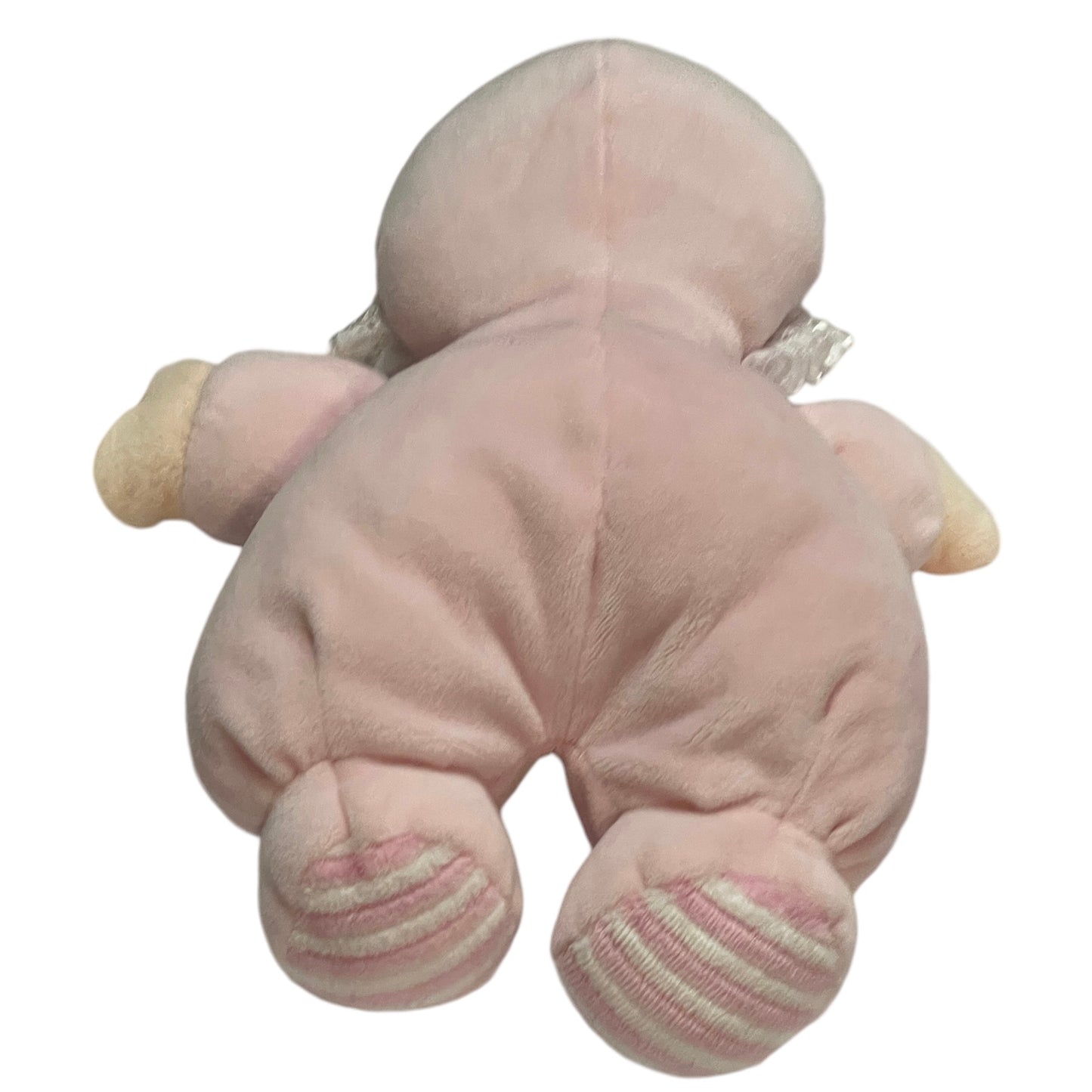 Soft Pink Plush Velvety Baby Doll Rattle, Lace Ruffled Bonnet, Embroidered Face & Carriage on Belly