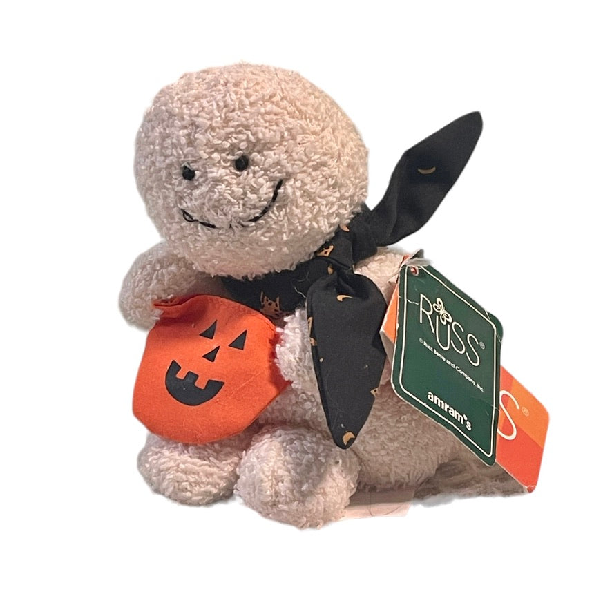 Terrycloth Russ -Berrie 5" Ghost, 'Haunt', Black Scarf, Pumpkin Candy Bag , Hard to Find,  UWT