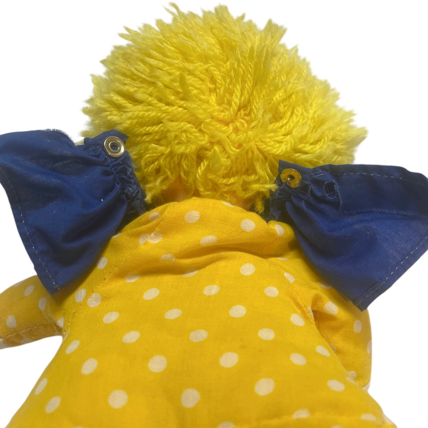 Handmade Vintage Plush Clown, Doll, Yellow Yarn Hair & Polka Dot Body with Navy Accents GUC