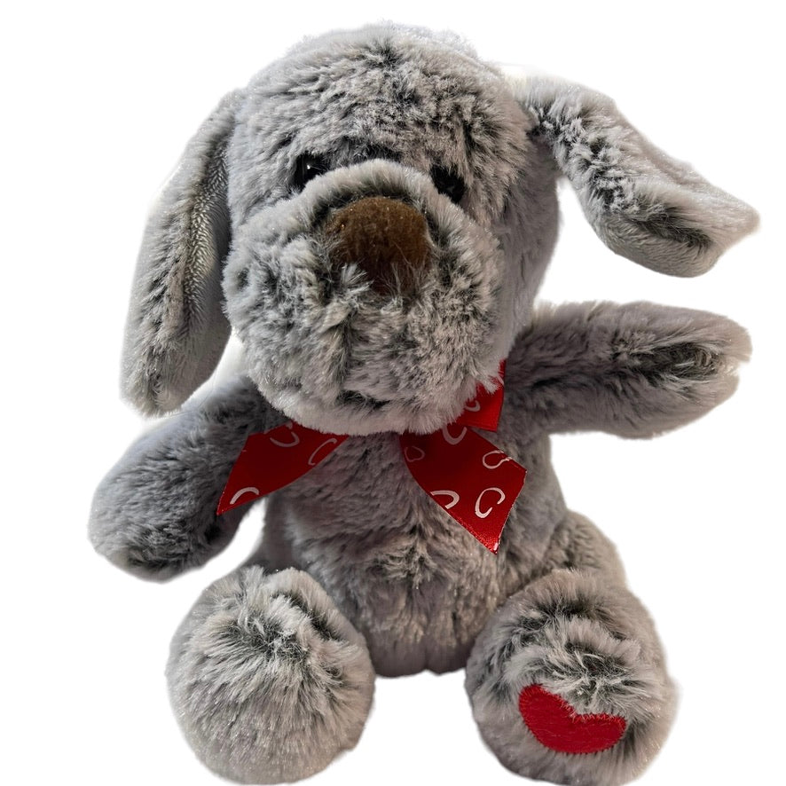 Frosted Grey Sitting Puppy Dog Red Heart & Valentine Bow 7" Button Eyes