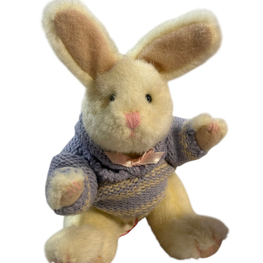 Russ Berrie, 8" Jointed 'Happy Heart Bunnies' Posable Bunny, Lavender Knit Sweater, Pink Bow EUC