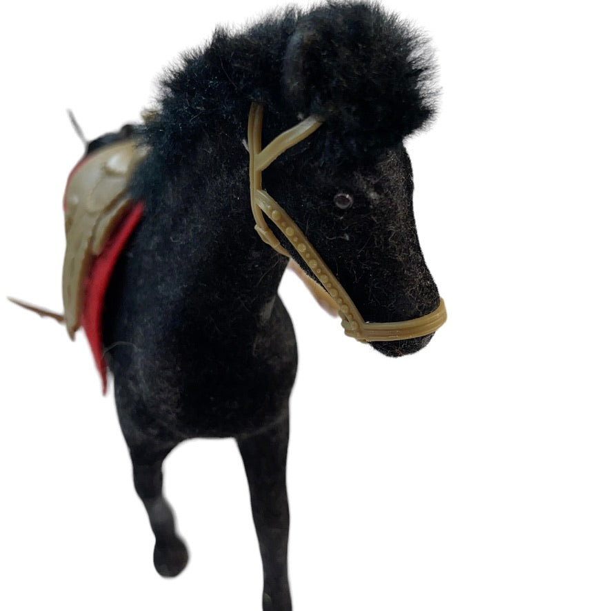 Vintage Flocked Black Stallion Plastic Horse with Saddle Blanket, Saddle and Bridle