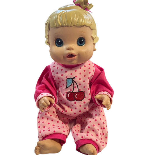 Baby Alive Drink & Wet 13" Baby Doll Hasbro 2008 Pink Romper with Cherries Blond/Blue Eyes