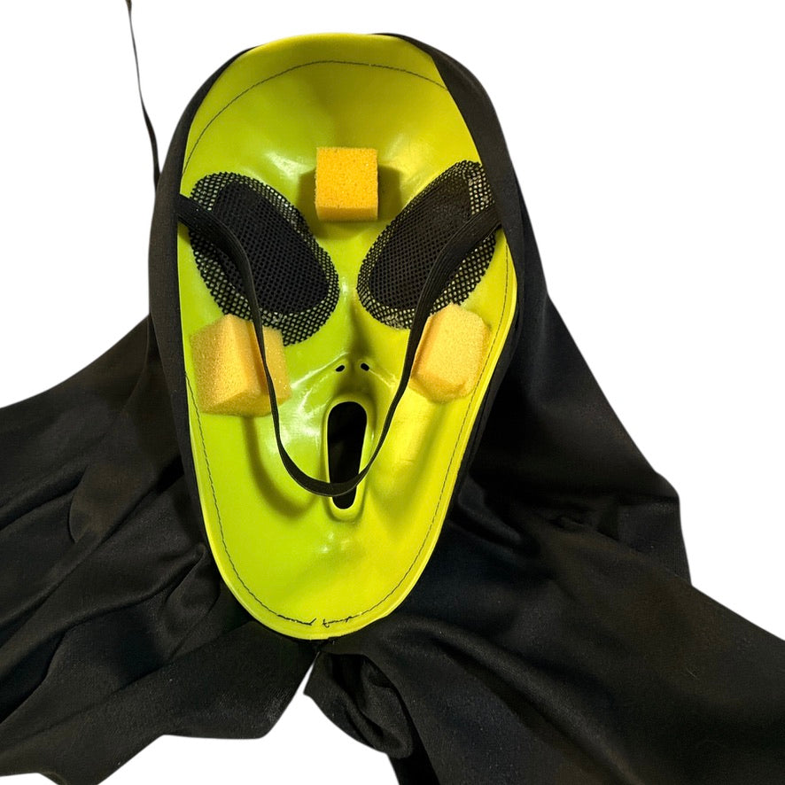 Scream Mask, Sickly Green with Mesh Eyeholes, Classic Mouth & Black Chiffon Scarf in EUC