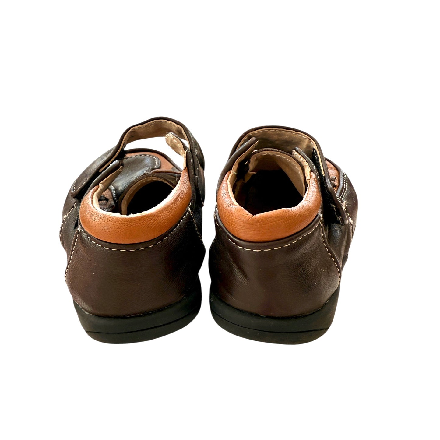 Leather Size 7 Shoes, Cognac & Chocolate Brown with Decorative Stitching Hook & Loop Closure