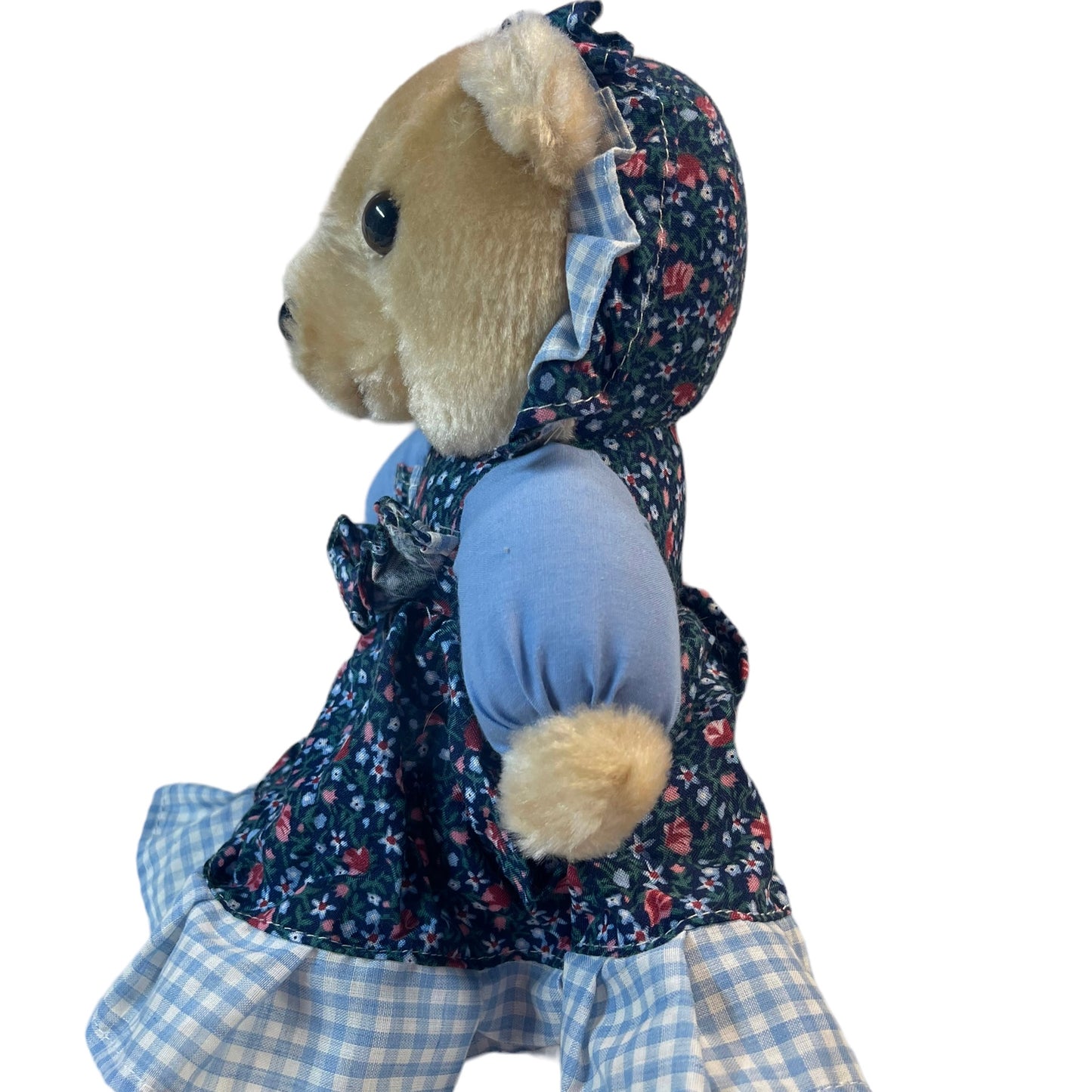 Vintage 10" Teddy Bear in Blue Floral & Gingham Dress and Hat in GUC