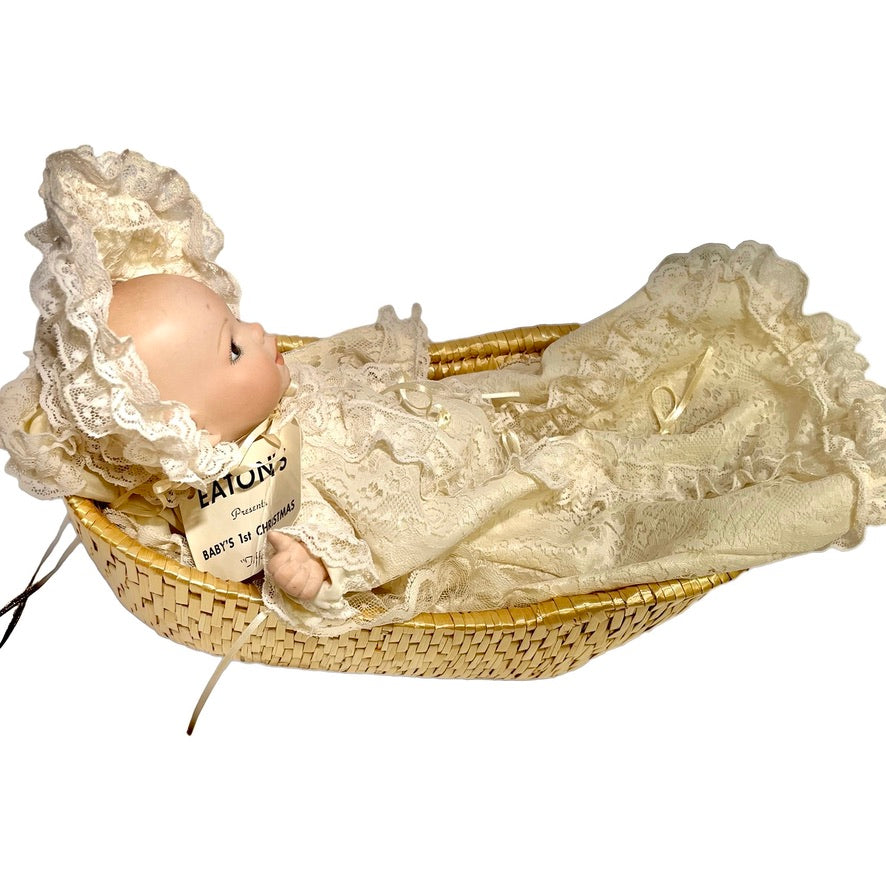 Vintage Eaton's Baby's First Christmas Music Box &  Doll by Artist,  April Katz, 1985