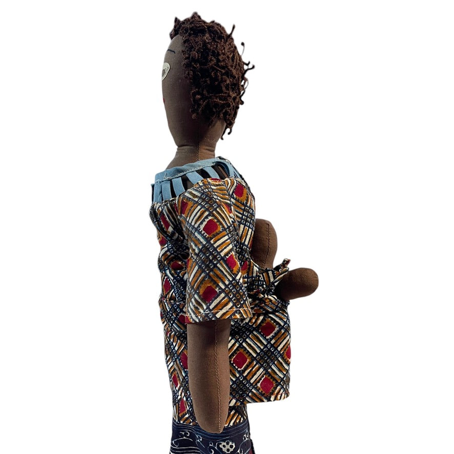 Handmade African Folk Art Mama & Baby Doll in Traditional Print Dress and Baby Wrap/Signature