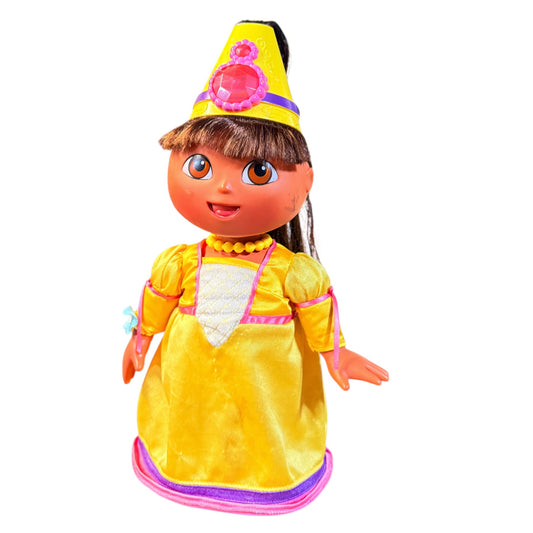 Vintage Hair Fisher-Price Magic Hair Dora Doll Yellow Princess Gown & Hat with Large Pink Jewel