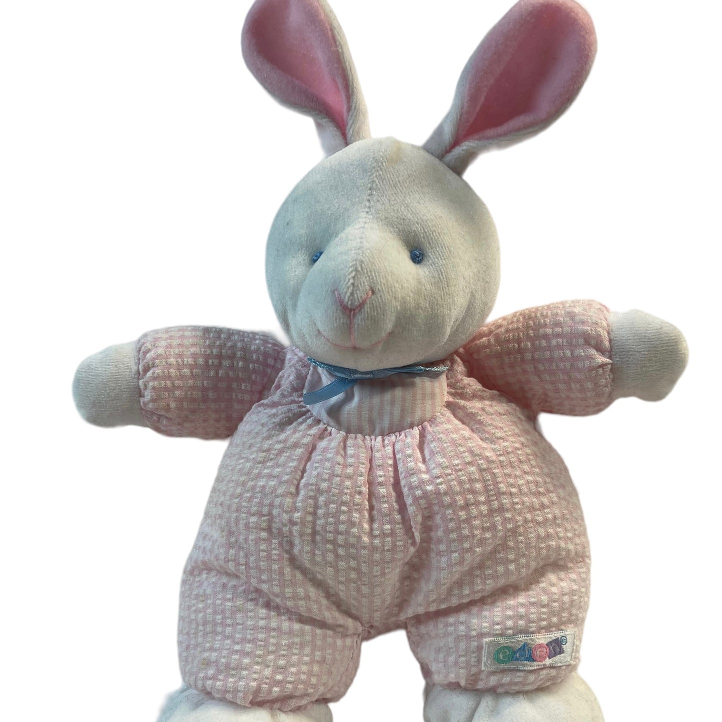 Baby Eden Bunny Vintage 11"  Pink Waffle Weave Romper, Rattle & Embroidered Face