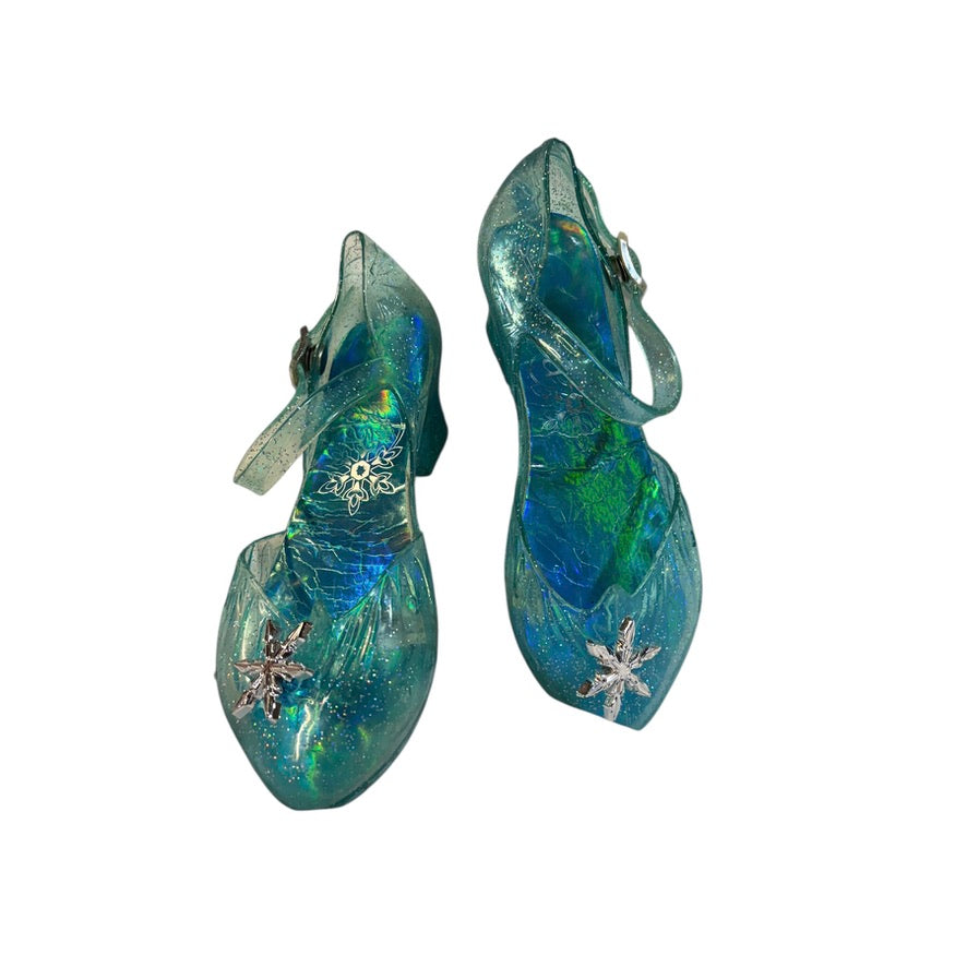 Disney Frozen Elsa Shoes, Sparkly Aqua, Light Up Heels & Snap Buckle with Silver Snowflake