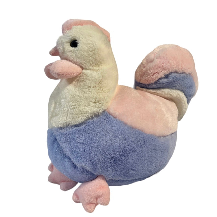 Vintage Stuffed Chicken/Rooster Made in Korea Soft, Fluffy Pastel Pink, Blue and White