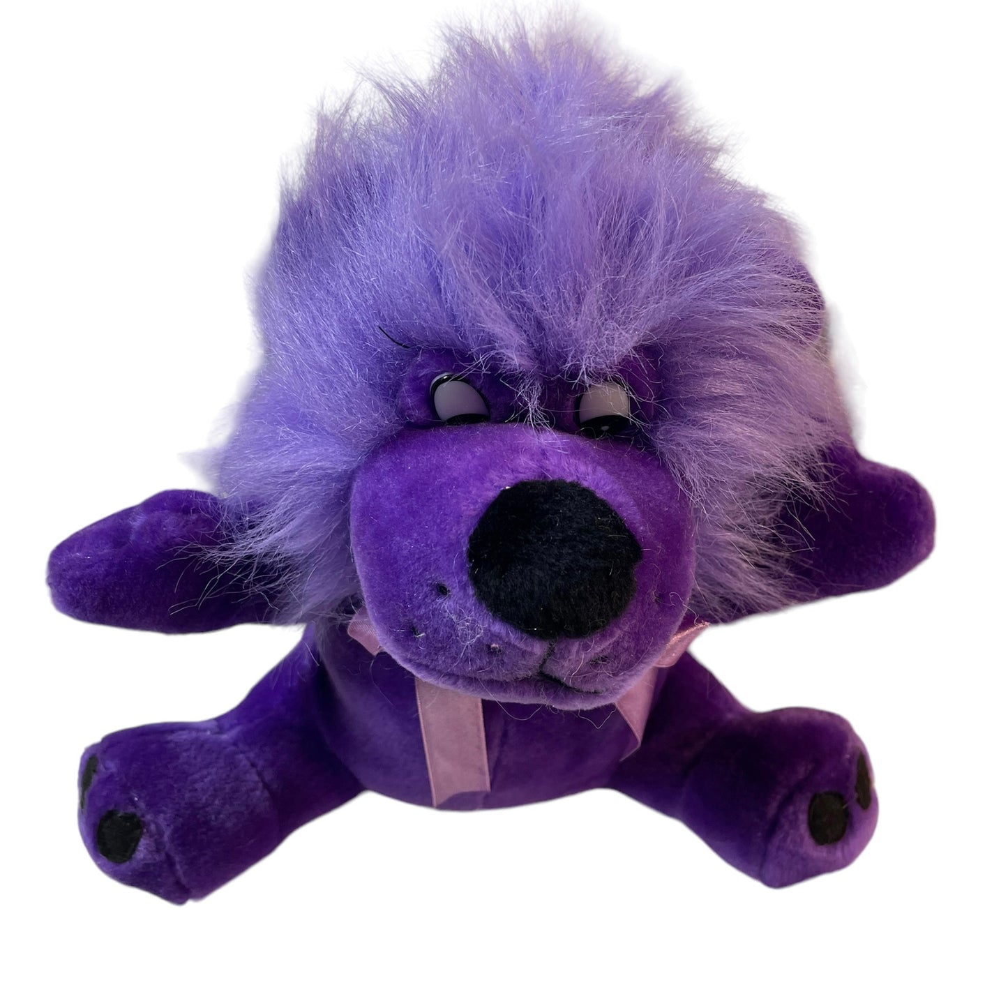 Sweet Purple Plush Stuffed Animal Lion, Black Nose& Freckles, Satin Bow EUC