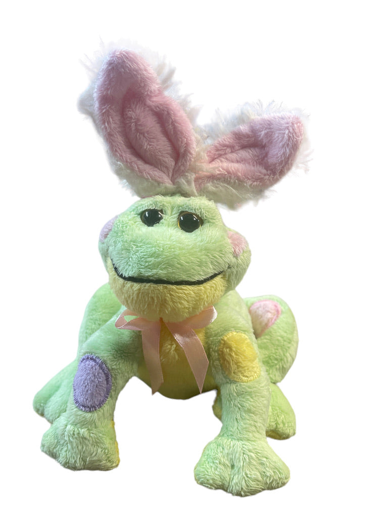 Charming Ganz "Frabbit", Green Frog With Rabbit Ears, Pastel Embroidered Easter Eggs & Pink Bow