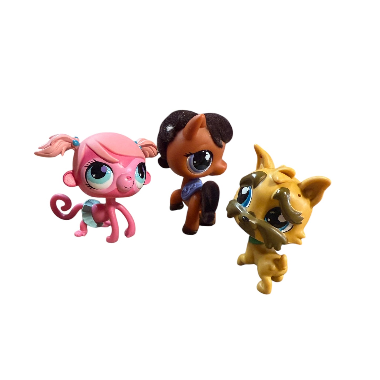 Littlest Pet Shop Lot of 3 Bobble Heads, Brussels-Griffon, Minka Mark Monkey & Brown Horse!