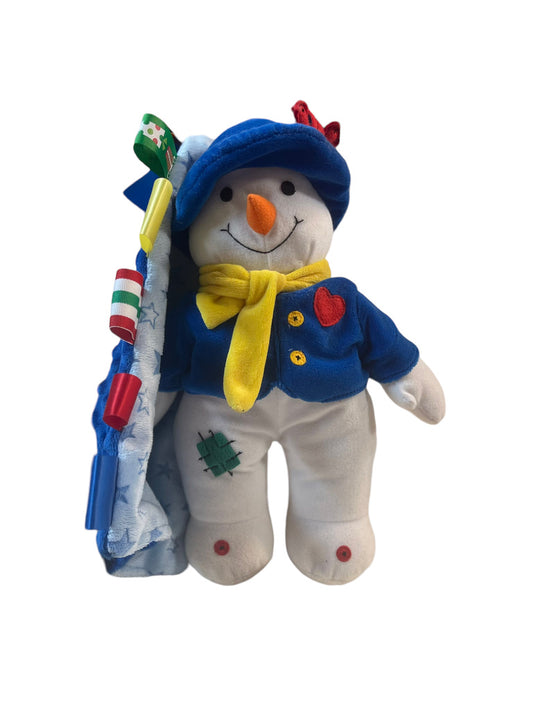 White Stuffed Snowman in Blue & Yellow with Patches and a Blue Starres Ribbon Tug